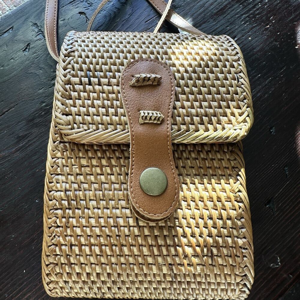 Rattan Crossbody Handbag S Brown Snap Flap Rectangle Lined Faux Leather Strap - Picture 9 of 16